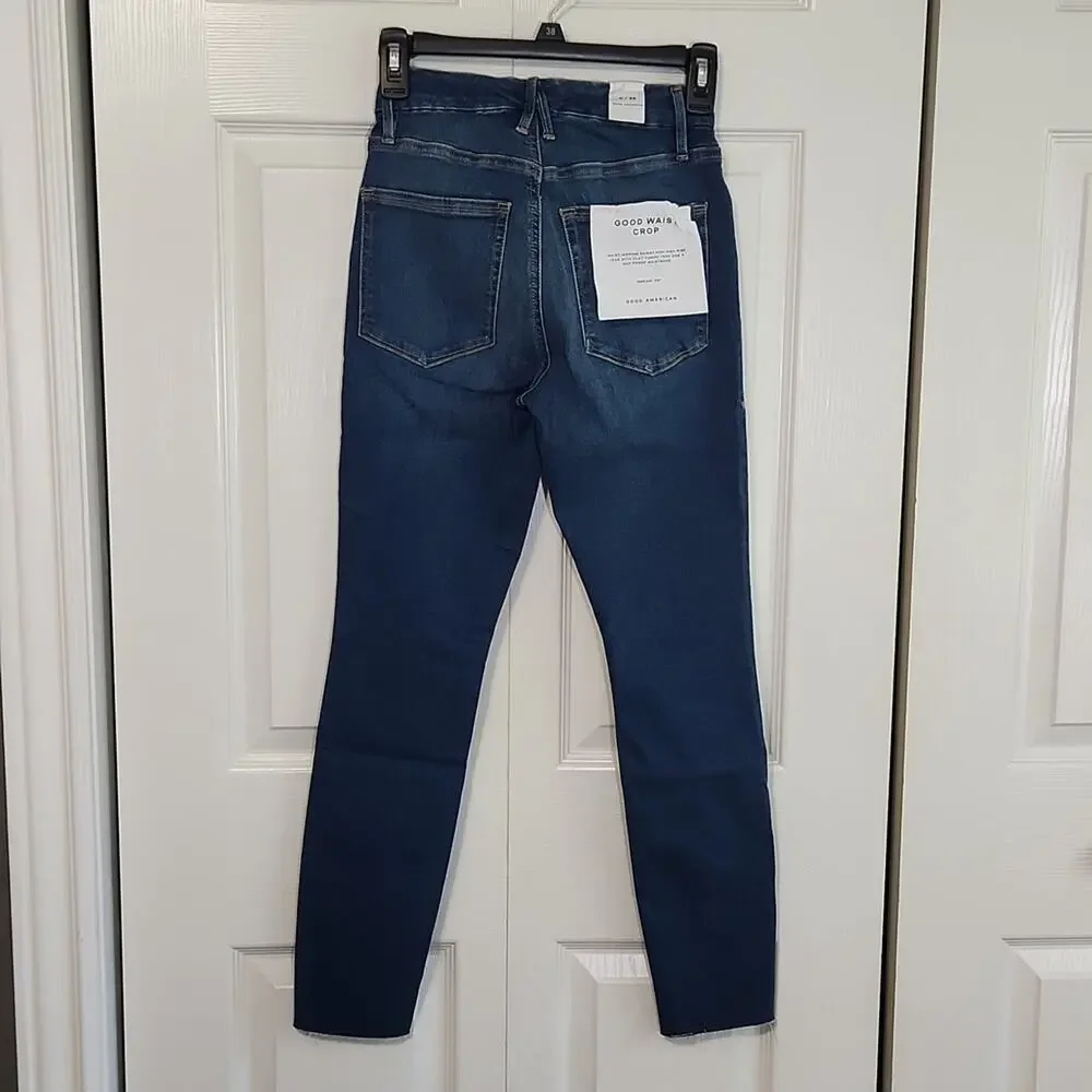 Good American Women's Good Waist Crop Jeans Size‎ 0/25 Raw Hem High-Rise Skinny